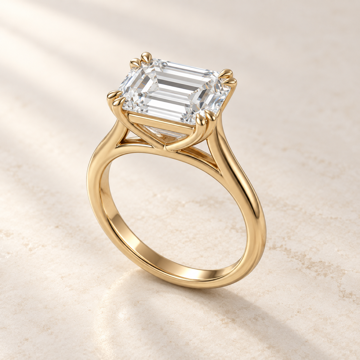 AI product preview of Altara East-West Emerald Cathedral Ring in yellow gold, three-quarter view