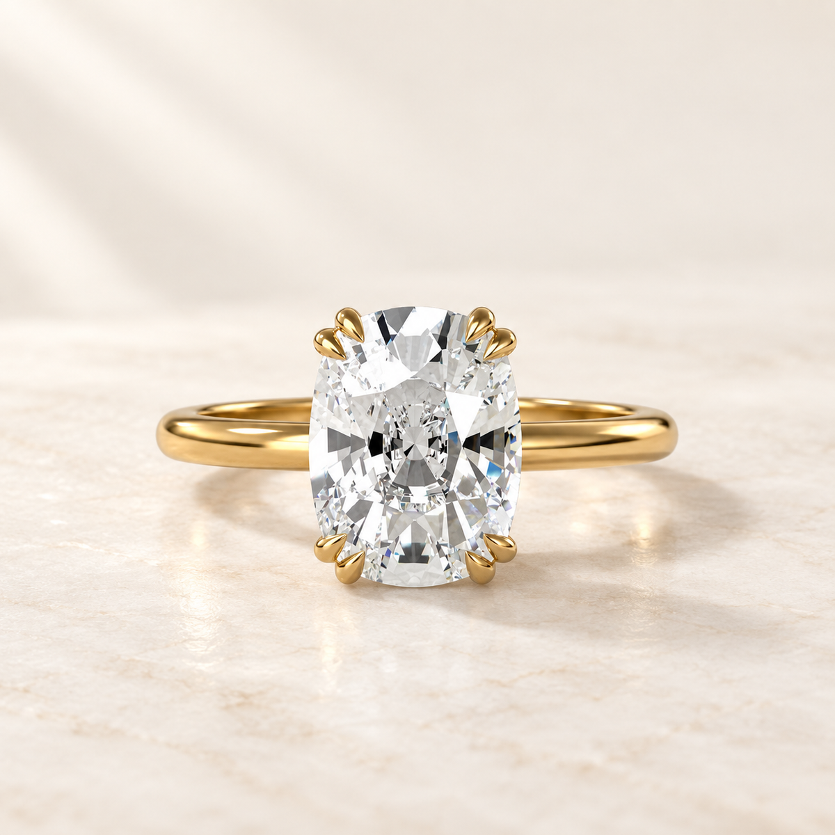 AI product preview of Altara Elongated Cushion Cathedral Ring in yellow gold, front view