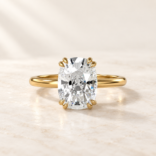 AI product preview of Altara Elongated Cushion Cathedral Ring in yellow gold, front view