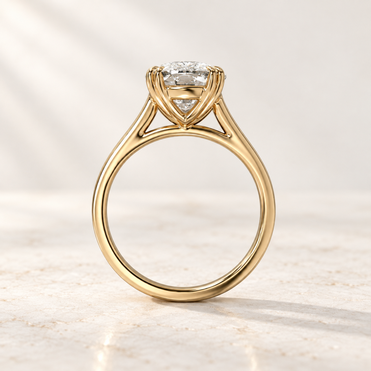 AI product preview of Altara Elongated Cushion Cathedral Ring in yellow gold, side profile of the cathedral gallery