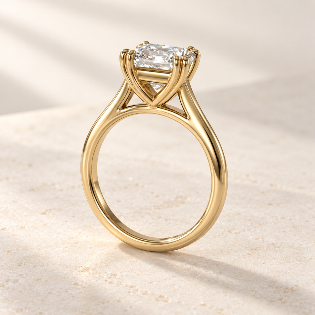 AI product preview of Altara Elongated Radiant Cathedral Ring in yellow gold, elevated rear three-quarter view