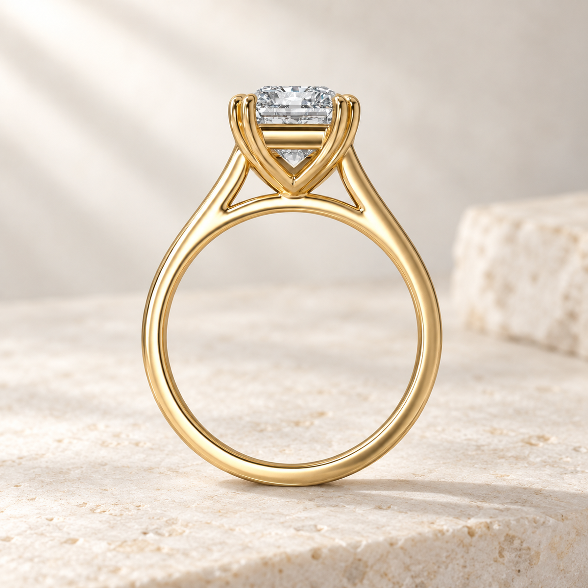 AI product preview of Altara Elongated Radiant Cathedral Ring in yellow gold, side profile of the cathedral gallery
