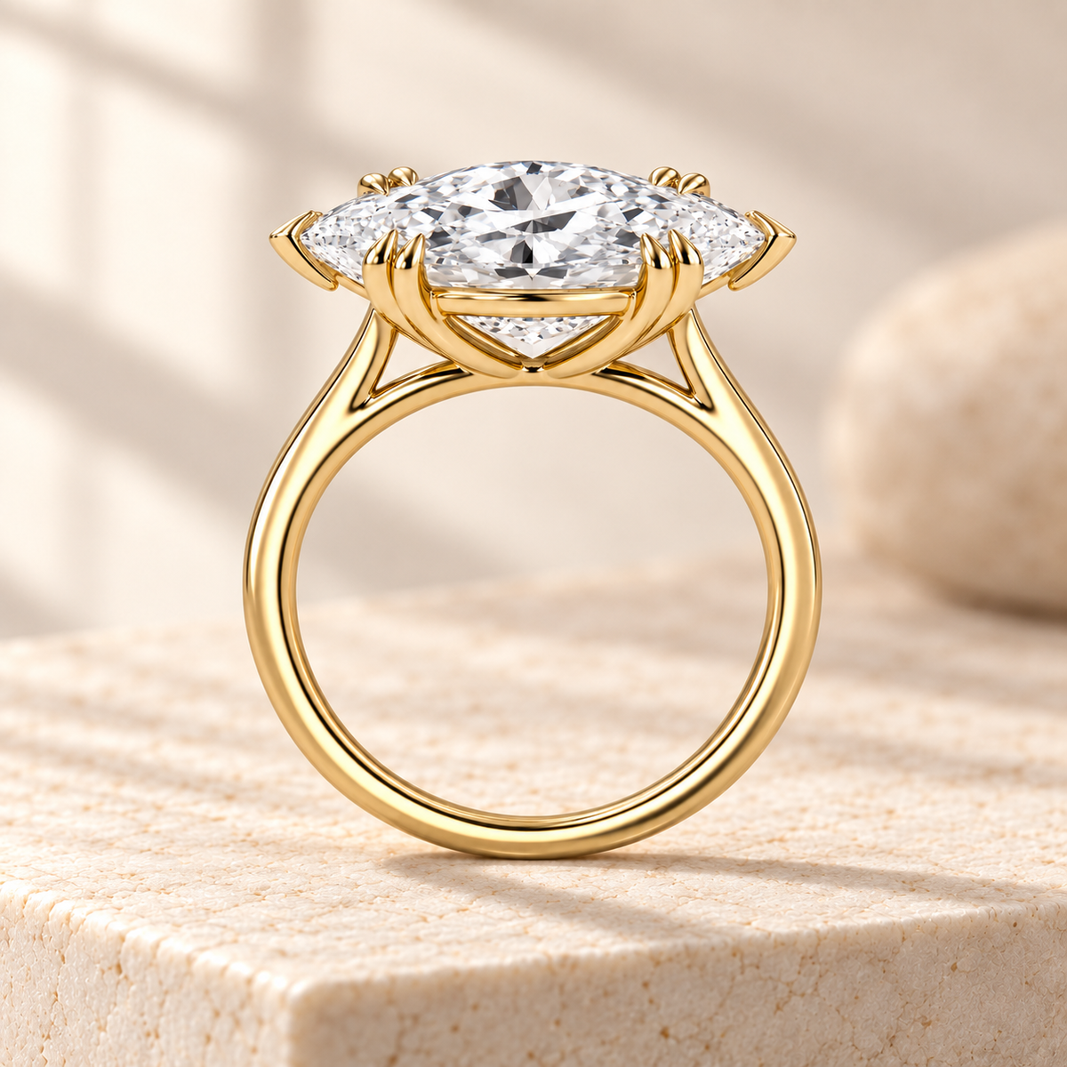 Altara East-West Marquise Cathedral Ring in yellow gold on cream stone, side view