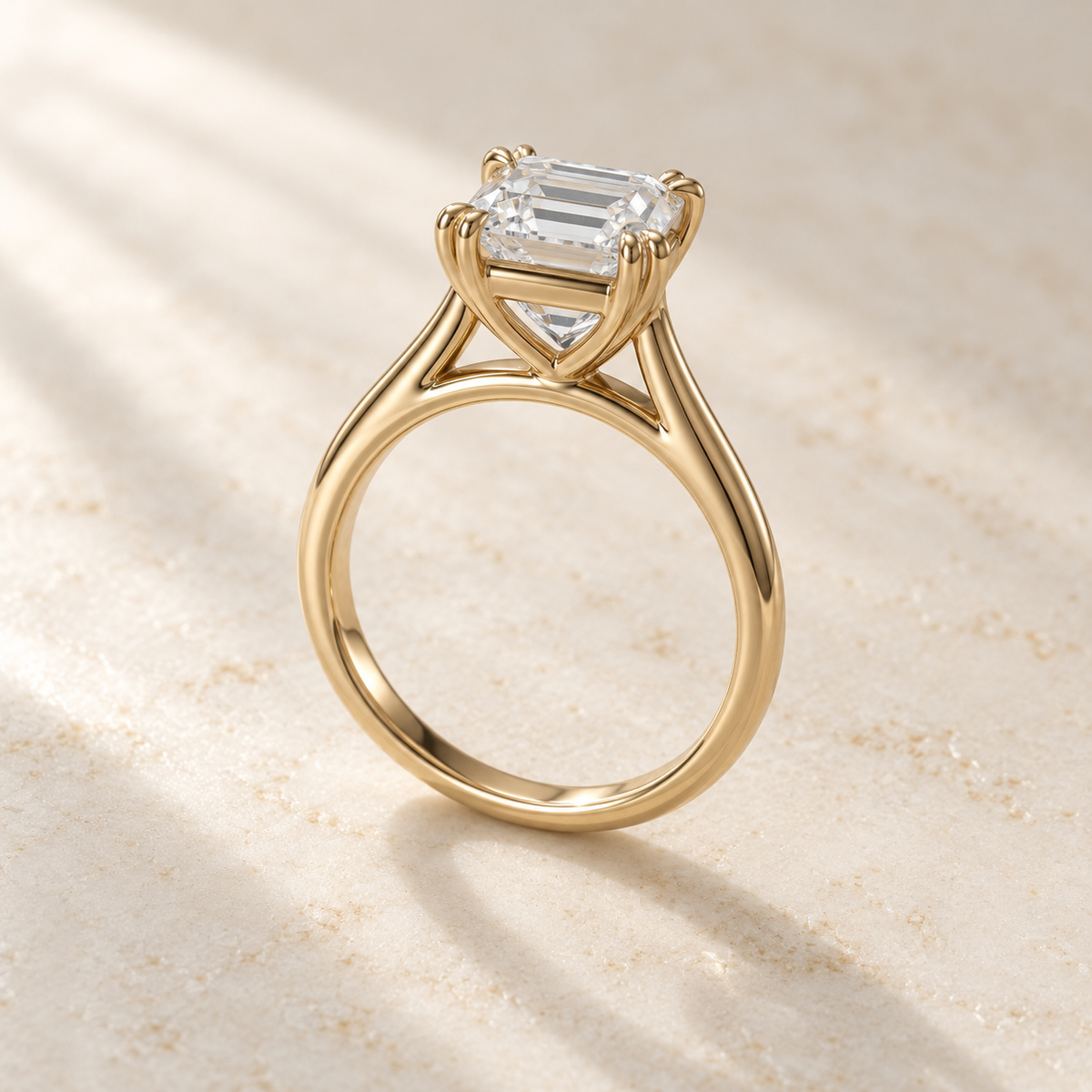 AI product preview of Altara North-South Emerald Cathedral Ring in yellow gold, elevated rear three-quarter view