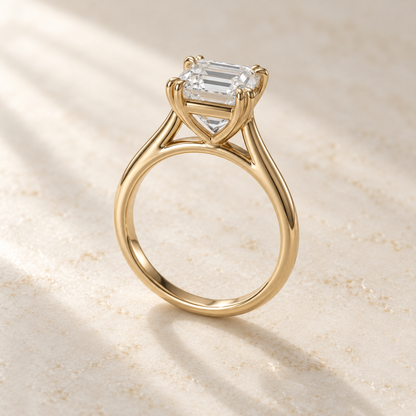 AI product preview of Altara North-South Emerald Cathedral Ring in yellow gold, elevated rear three-quarter view