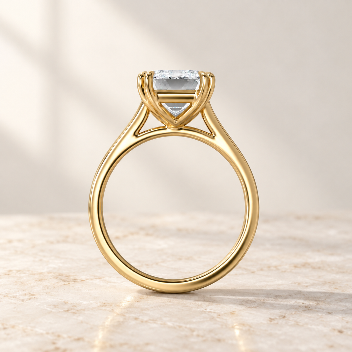AI product preview of Altara North-South Emerald Cathedral Ring in yellow gold, side profile of the cathedral gallery