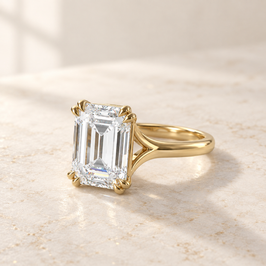 AI product preview of Altara North-South Emerald Cathedral Ring in yellow gold, three-quarter view