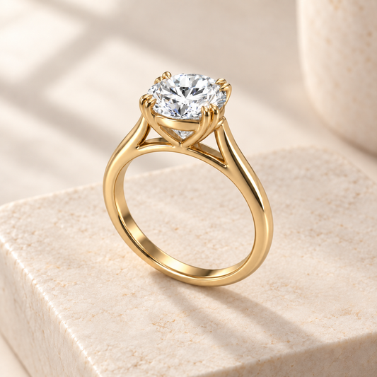 Altara Round Cathedral Ring in yellow gold on cream stone, three quarter view