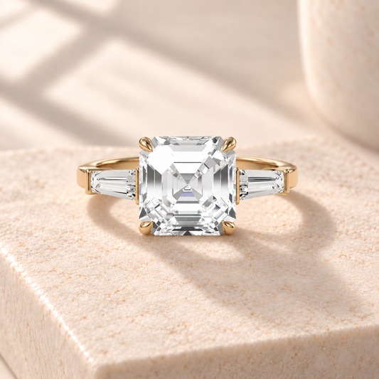 Aster Asscher lab-grown diamond ring with tapered baguette sides in yellow gold, front design preview
