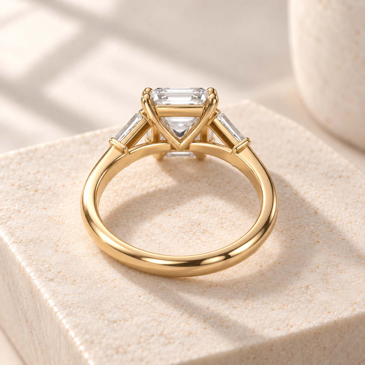 Aster Asscher lab-grown diamond ring with tapered baguette sides in yellow gold, rear design preview