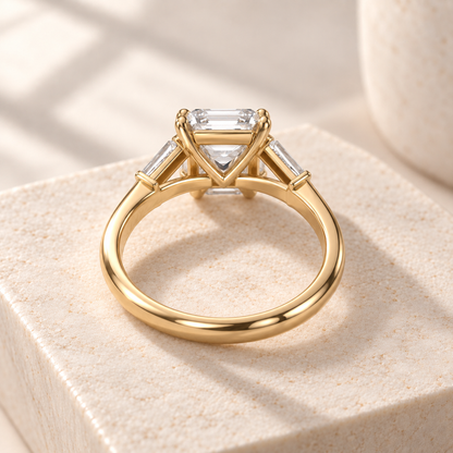 Aster Asscher lab-grown diamond ring with tapered baguette sides in yellow gold, rear design preview