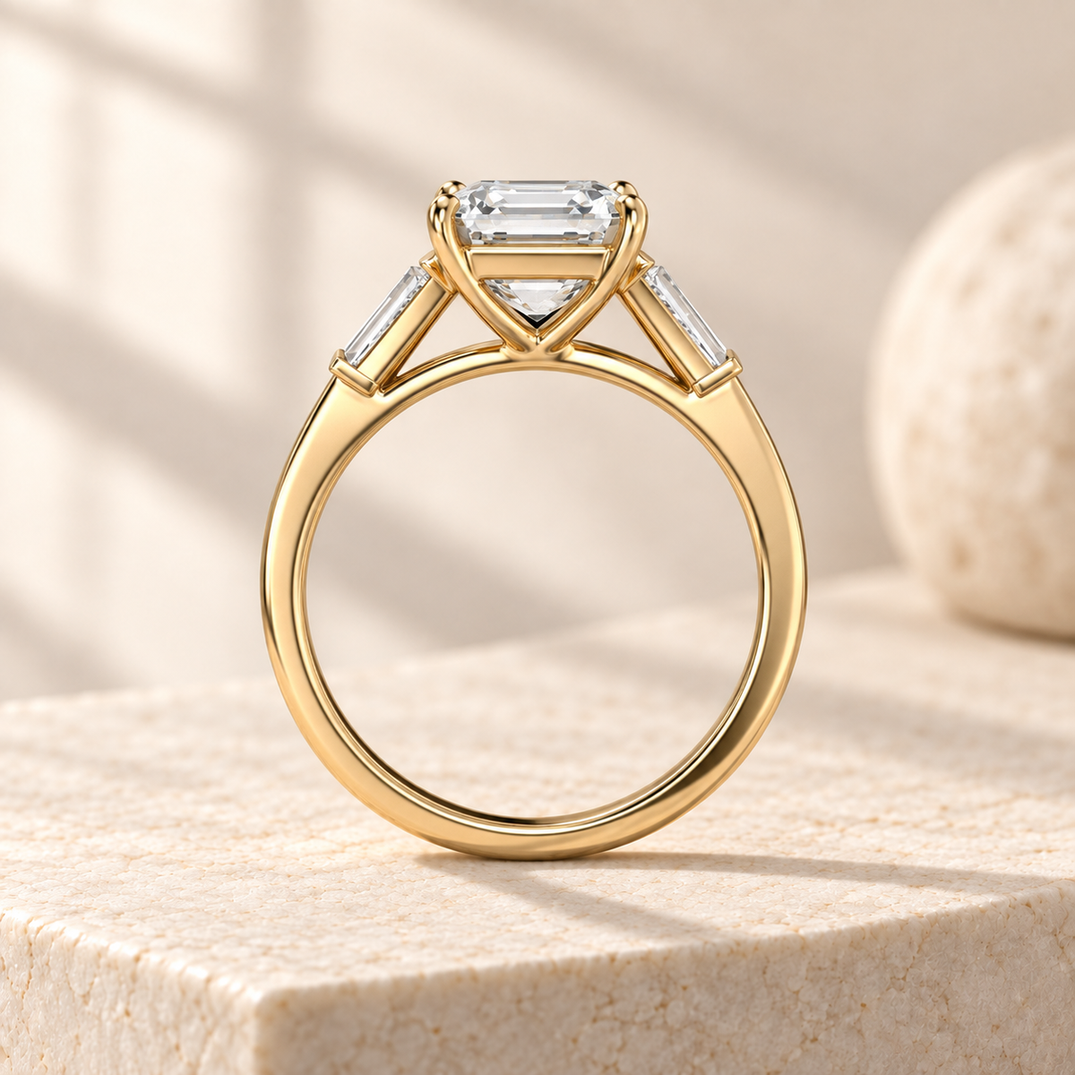 Aster Asscher lab-grown diamond ring with tapered baguette sides in yellow gold, side design preview