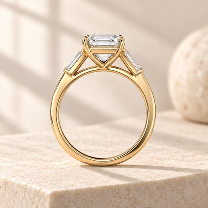Aster Asscher lab-grown diamond ring with tapered baguette sides in yellow gold, side design preview