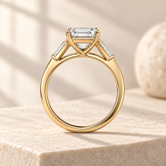 Aster Asscher lab-grown diamond ring with tapered baguette sides in yellow gold, side design preview