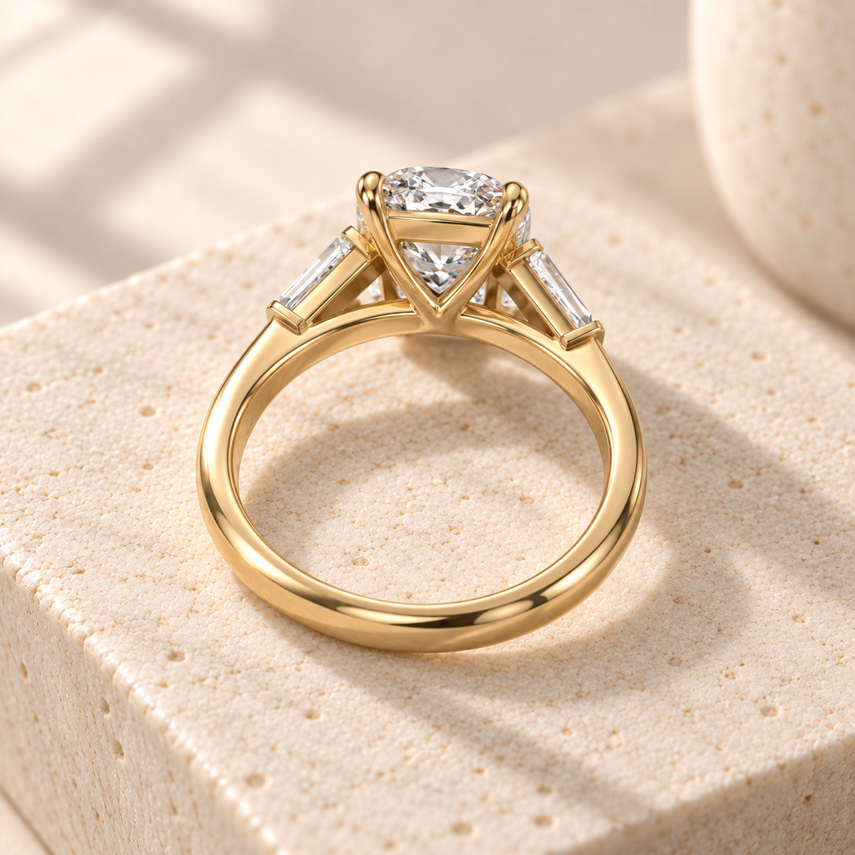 Aster Cushion Tapered Baguette Ring, elevated rear design preview in yellow gold on cream stone