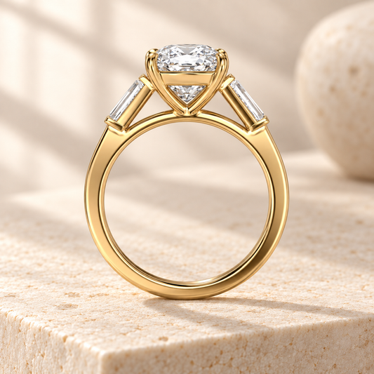 Aster Cushion Tapered Baguette Ring, side design preview in yellow gold on cream stone