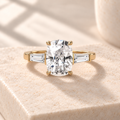 Aster elongated cushion lab-grown diamond ring with tapered baguette sides in yellow gold, front design preview