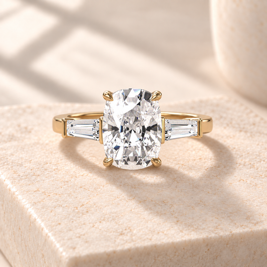 Aster elongated cushion lab-grown diamond ring with tapered baguette sides in yellow gold, front design preview