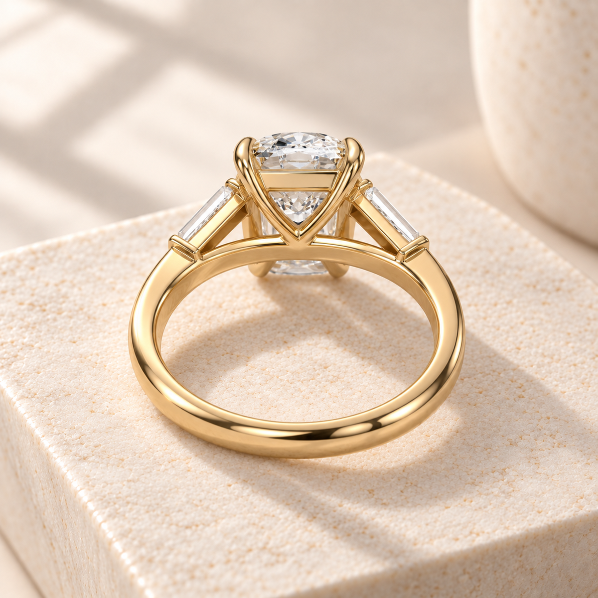 Aster elongated cushion lab-grown diamond ring with tapered baguette sides in yellow gold, rear design preview
