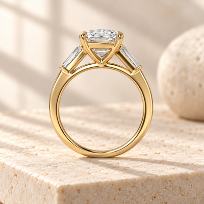 Aster elongated cushion lab-grown diamond ring with tapered baguette sides in yellow gold, side design preview