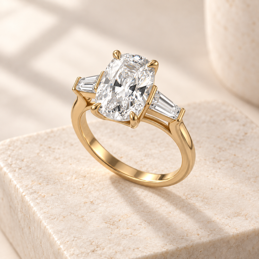 Aster elongated cushion lab-grown diamond ring with tapered baguette sides in yellow gold, three-quarter design preview