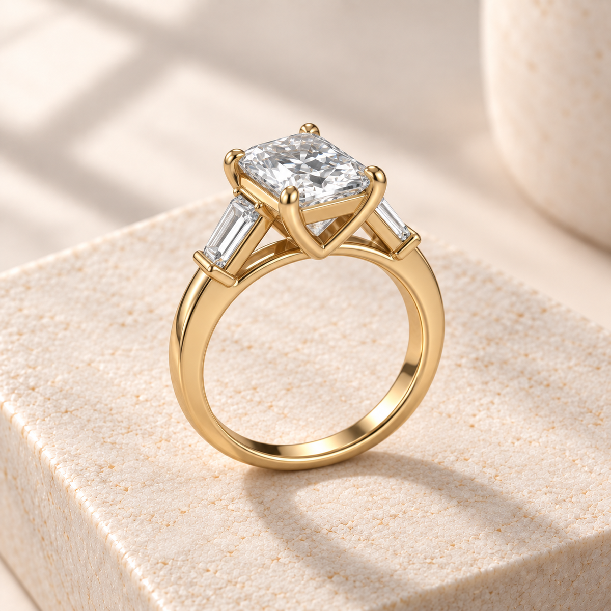 Aster Elongated Radiant Tapered Baguette Ring, elevated rear design preview in yellow gold on cream stone
