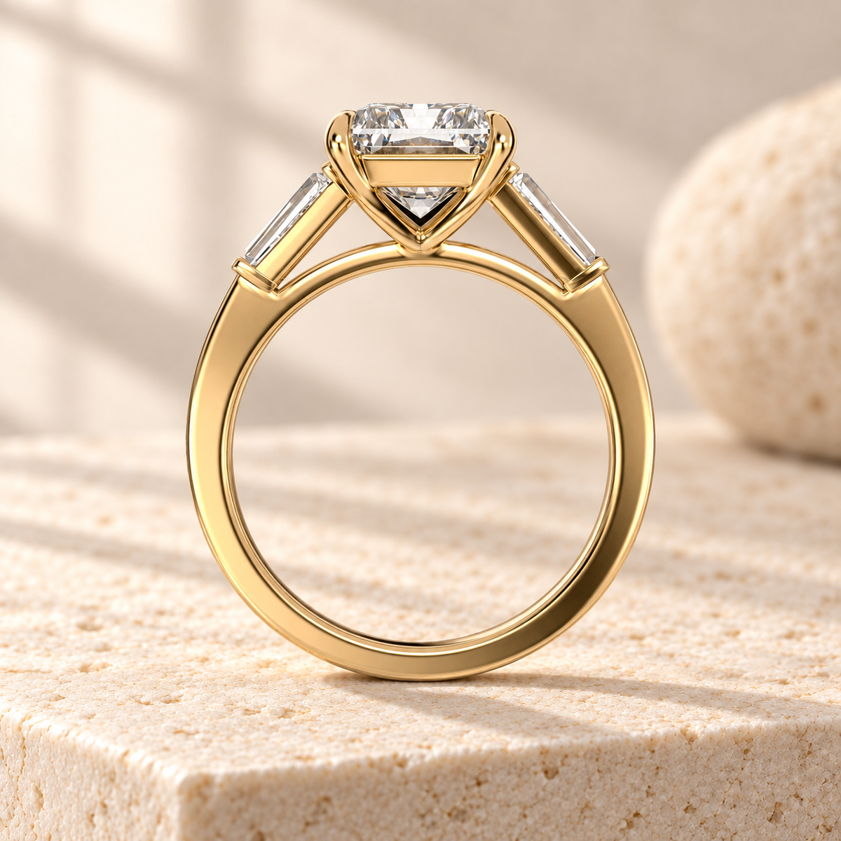 Aster Elongated Radiant Tapered Baguette Ring, side design preview in yellow gold on cream stone