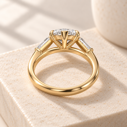 Aster marquise lab-grown diamond ring with tapered baguette sides in yellow gold, rear design preview
