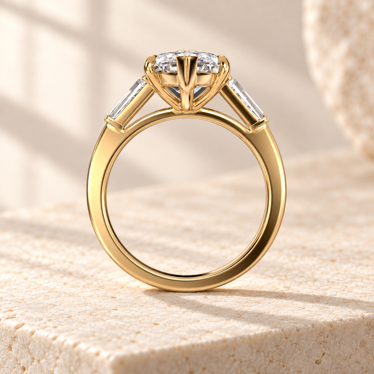Aster marquise lab-grown diamond ring with tapered baguette sides in yellow gold, side design preview