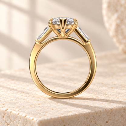 Aster marquise lab-grown diamond ring with tapered baguette sides in yellow gold, side design preview