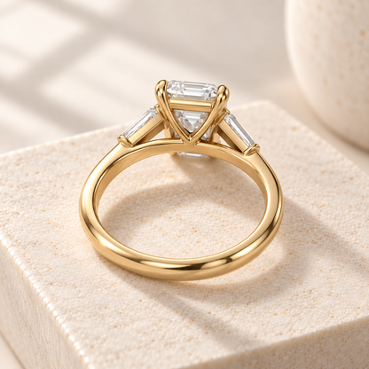 Aster north-south emerald-cut lab-grown diamond ring with tapered baguette side diamonds in yellow gold, rear design preview