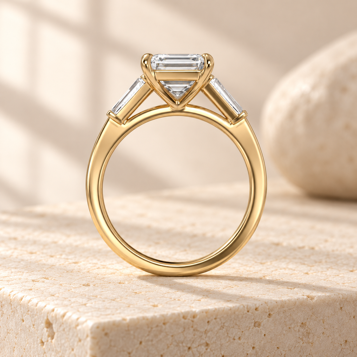 Aster north-south emerald-cut lab-grown diamond ring with tapered baguette side diamonds in yellow gold, side design preview