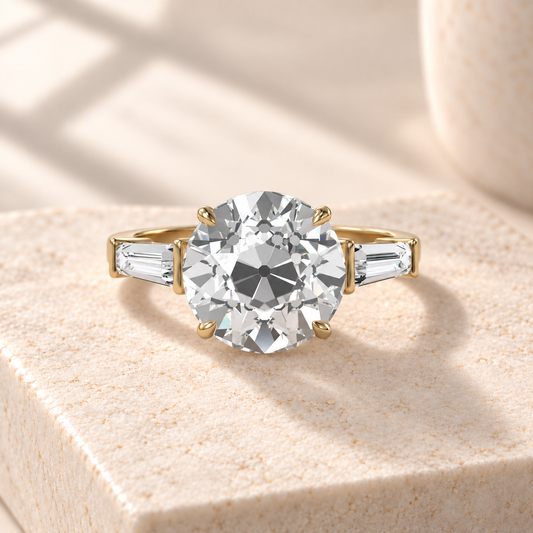 Aster old European-cut lab-grown diamond ring with tapered baguette sides in yellow gold, front design preview