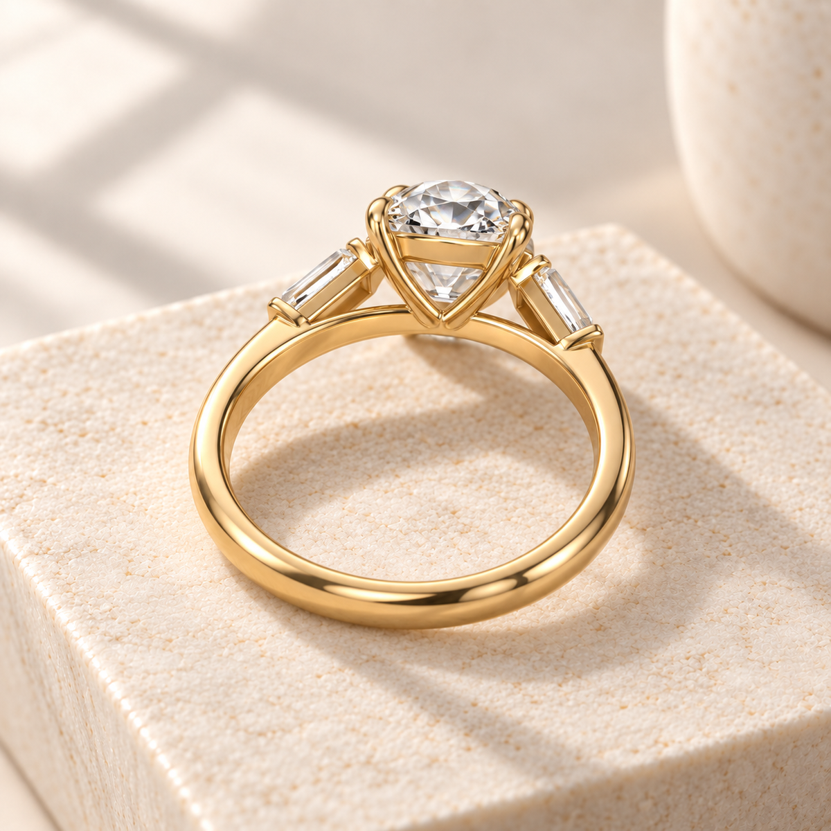Aster old European-cut lab-grown diamond ring with tapered baguette sides in yellow gold, rear design preview