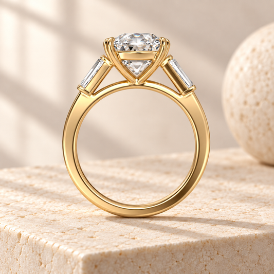 Aster old European-cut lab-grown diamond ring with tapered baguette sides in yellow gold, side design preview