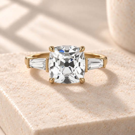 Aster old mine-cut lab-grown diamond ring with tapered baguette side diamonds in yellow gold, front design preview