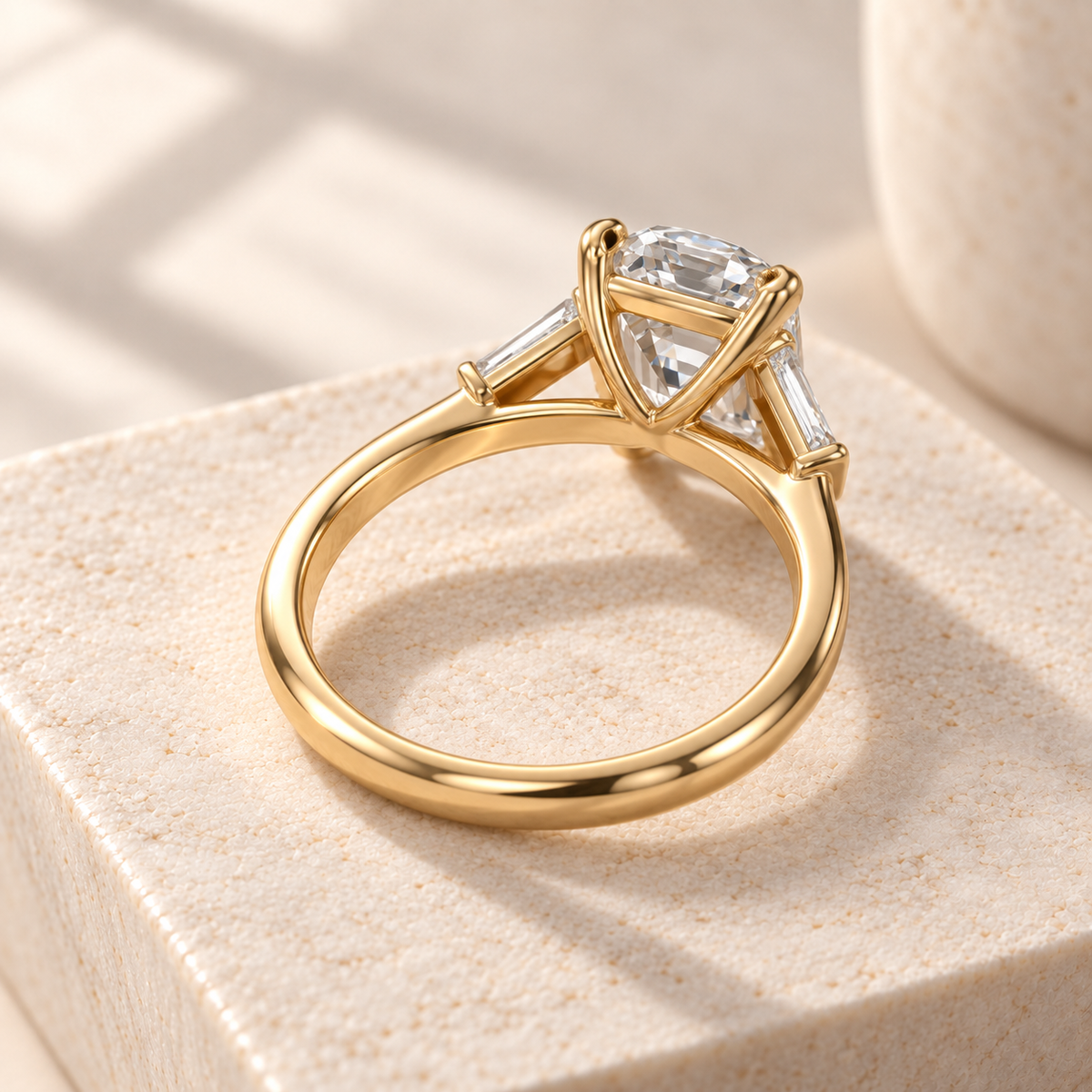 Aster old mine-cut lab-grown diamond ring with tapered baguette side diamonds in yellow gold, rear design preview
