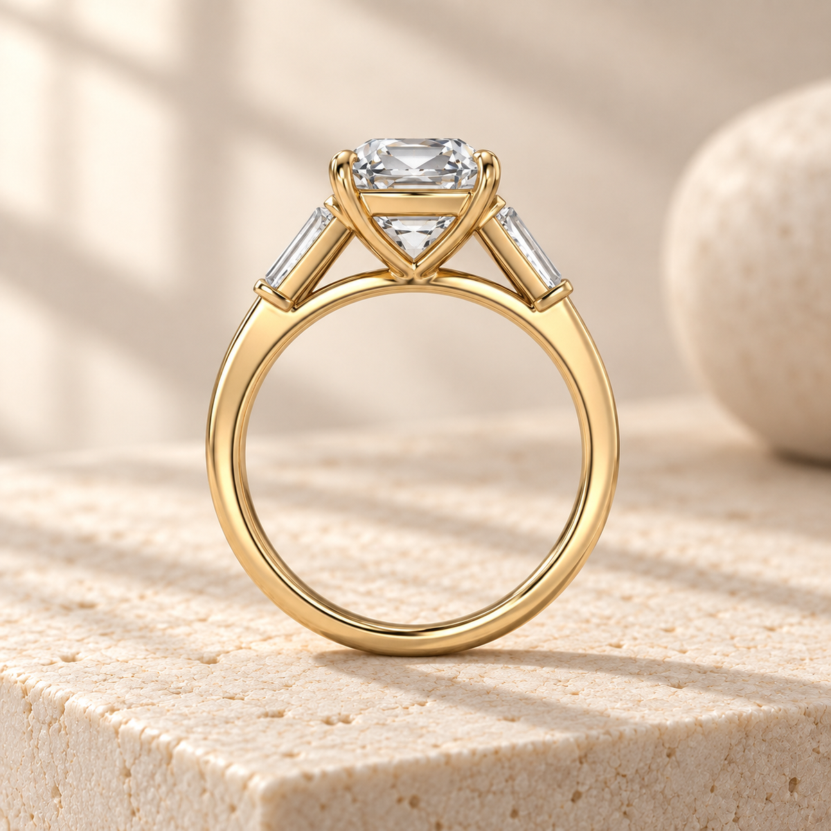 Aster old mine-cut lab-grown diamond ring with tapered baguette side diamonds in yellow gold, side design preview