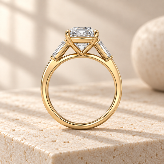 Aster old mine-cut lab-grown diamond ring with tapered baguette side diamonds in yellow gold, side design preview