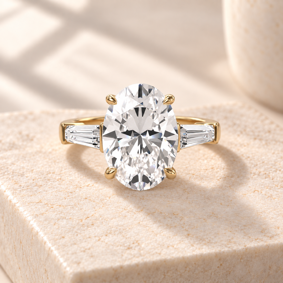 Aster oval lab-grown diamond ring with tapered baguette sides in yellow gold, front design preview