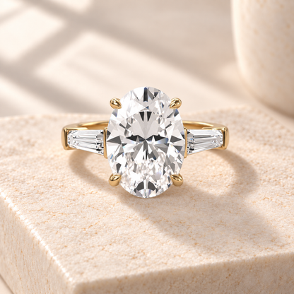 Aster oval lab-grown diamond ring with tapered baguette sides in yellow gold, front design preview