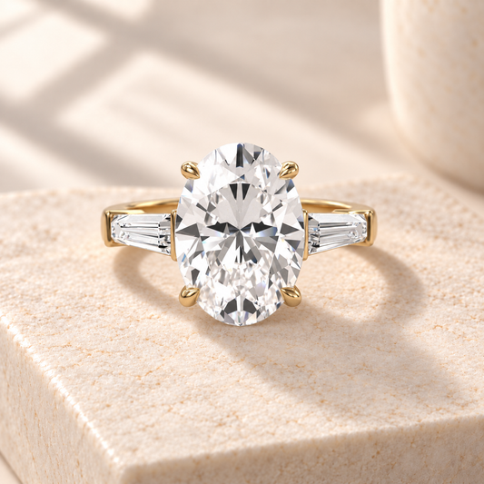 Aster oval lab-grown diamond ring with tapered baguette sides in yellow gold, front design preview