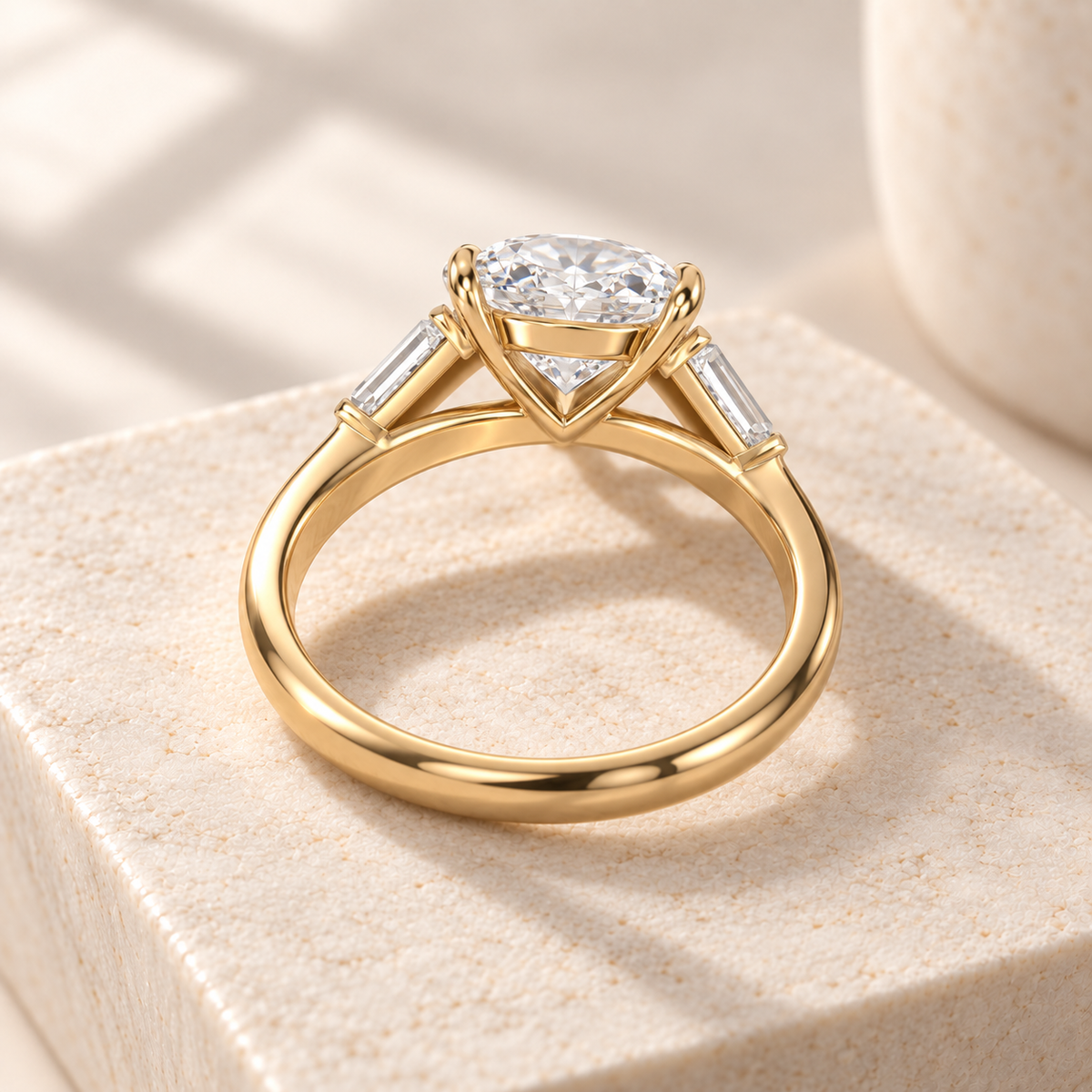 Aster oval lab-grown diamond ring with tapered baguette sides in yellow gold, rear design preview