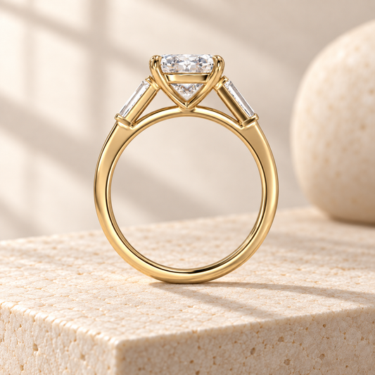 Aster oval lab-grown diamond ring with tapered baguette sides in yellow gold, side design preview