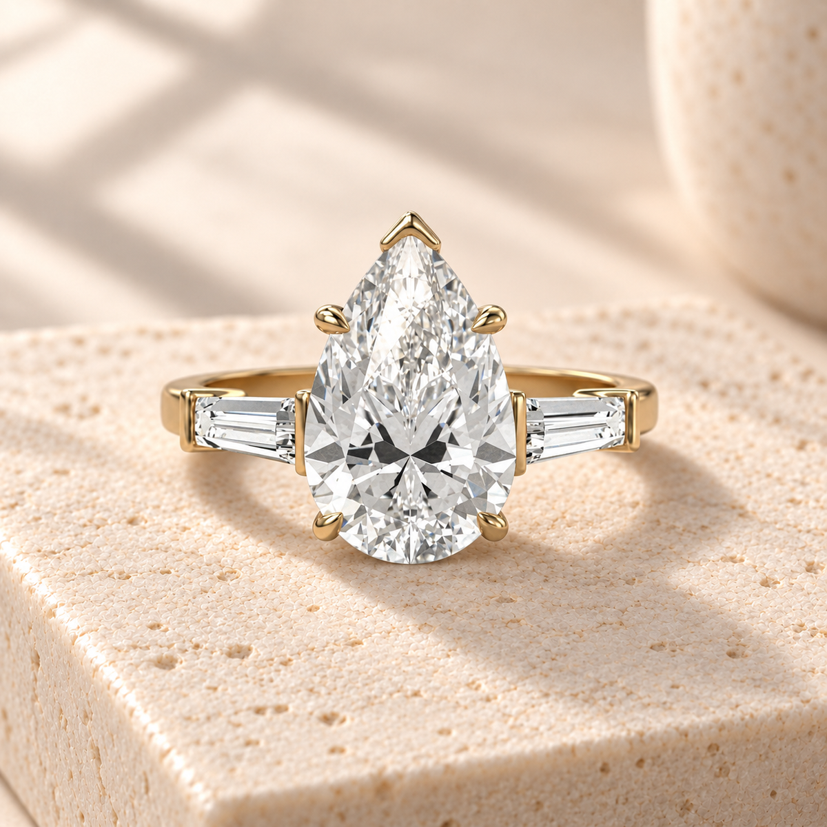 Aster pear-cut lab-grown diamond ring with tapered baguette side diamonds in yellow gold, front design preview