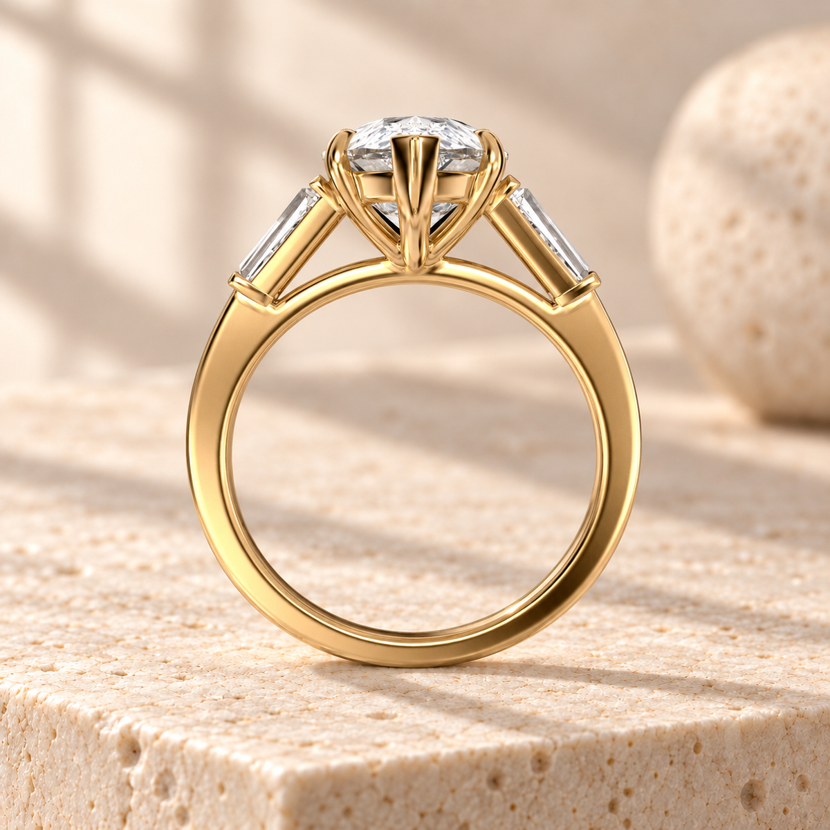 Aster pear-cut lab-grown diamond ring with tapered baguette side diamonds in yellow gold, side design preview