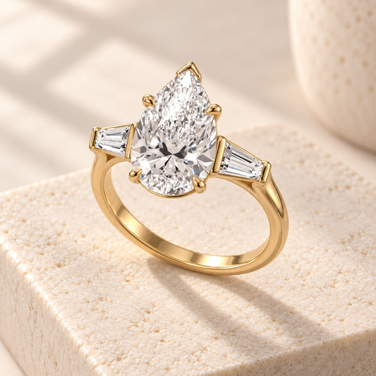 Aster pear-cut lab-grown diamond ring with tapered baguette side diamonds in yellow gold, three quarter design preview