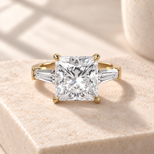 Aster princess-cut lab-grown diamond ring with tapered baguette sides in yellow gold, front design preview