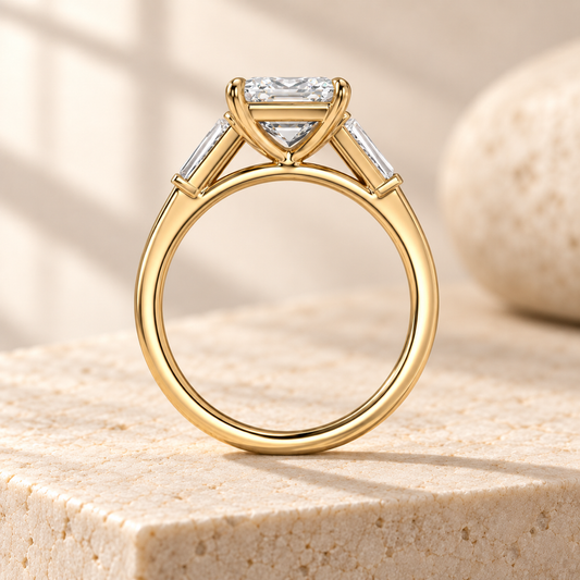 Aster princess-cut lab-grown diamond ring with tapered baguette sides in yellow gold, side design preview