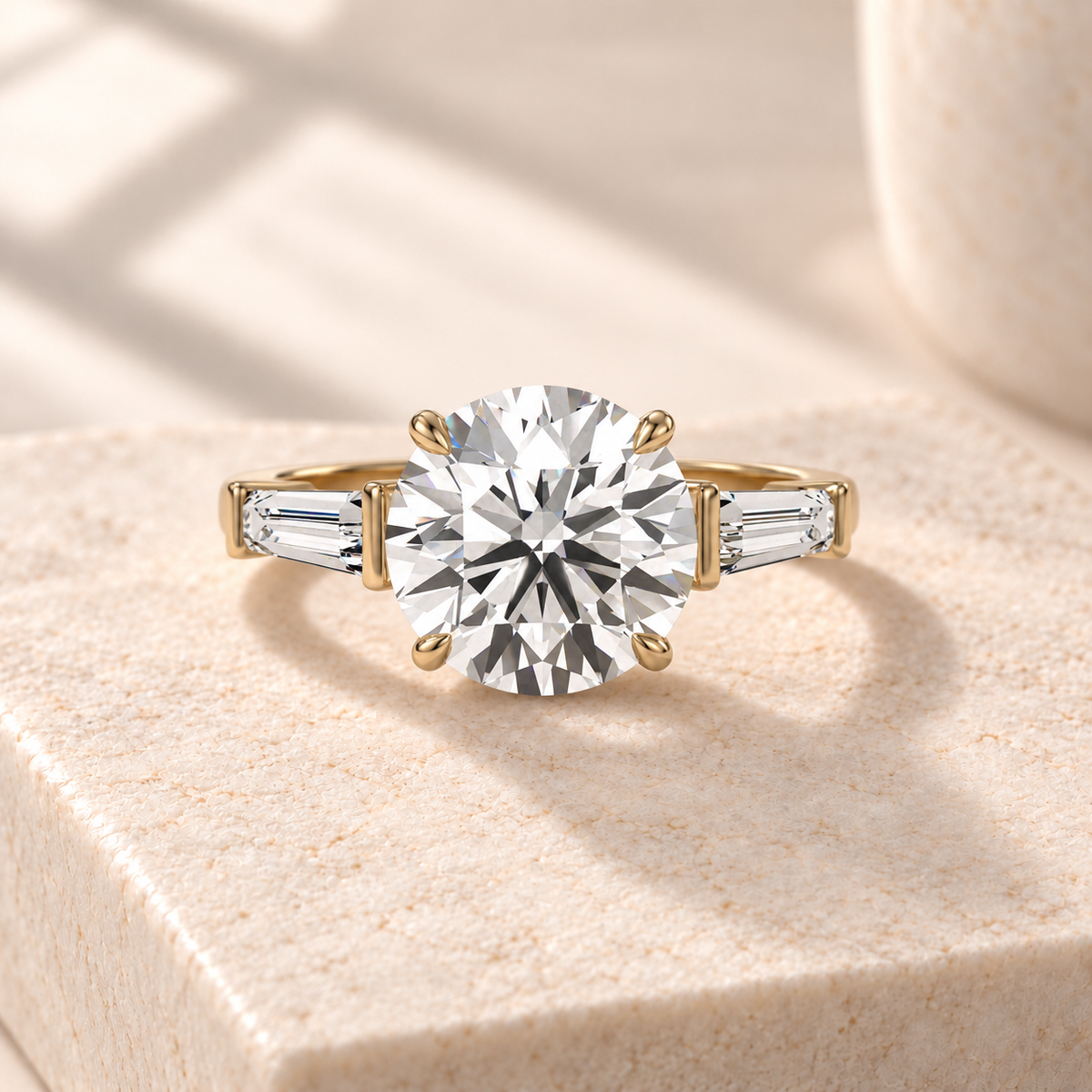 Aster round lab-grown diamond ring with tapered baguette sides in yellow gold, front design preview